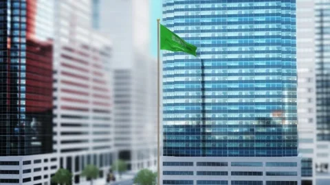 Saudi Arabia Flag 3D Render Animation Waving in Front of Modern Glass Buildi Video stock 333185816