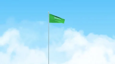 Saudi Arabia Flag 3D Render Animation Waving on Pole with Blue Sky Video stock 333219636