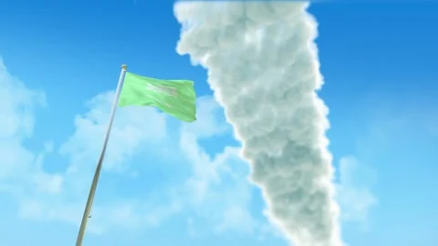 Saudi Arabia Flag 3D Render Animation on Pole with Fighter Jets Smoke Trails Video stock 333261627