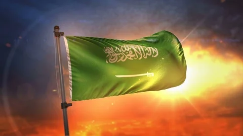 Saudi Arabia Flag Backlit At Beautiful Sunrise Loop Slow Motion 4K Stock Footage 76692277