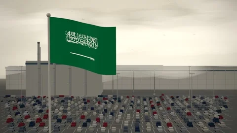 Saudi Arabia Flag Flying Over Automotive Assembly Plant Compound seamless loop Stockbeeldmateriaal 344781699
