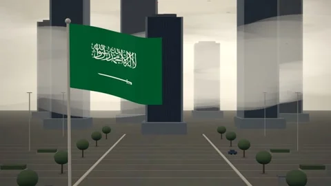 Saudi Arabia Flag Flying Over Downtown City Skyline Towers seamless loop 動画素材 344782352