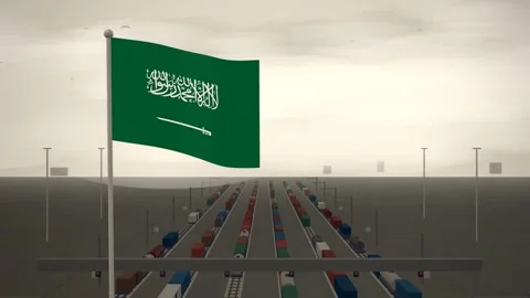 Saudi Arabia Flag Flying Over Railroad Freight Rail Yard seamless loop Stock Footage 344787744