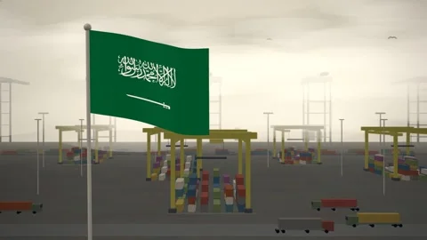 Saudi Arabia Flag Flying Over Container Terminal Stacking Yard seamless loop 動画素材 344787763