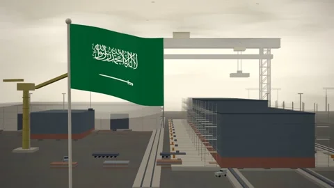 Saudi Arabia Flag Flying Over Shipyard Building Berth Gantry seamless loop Vídeos de archivo 344847127