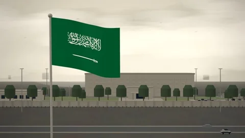 Saudi Arabia Flag Flying Over Embassy Compound Perimeter Wall seamless loop Stock Footage 345133243