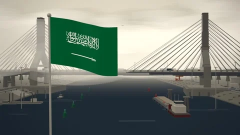 Saudi Arabia Flag Flying Over Cable Stayed Bridge River seamless loop Stock Footage 345373561