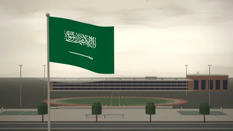 Saudi Arabia Flag Flying Over School Campus Running Track seamless loop Stock Footage 345381968