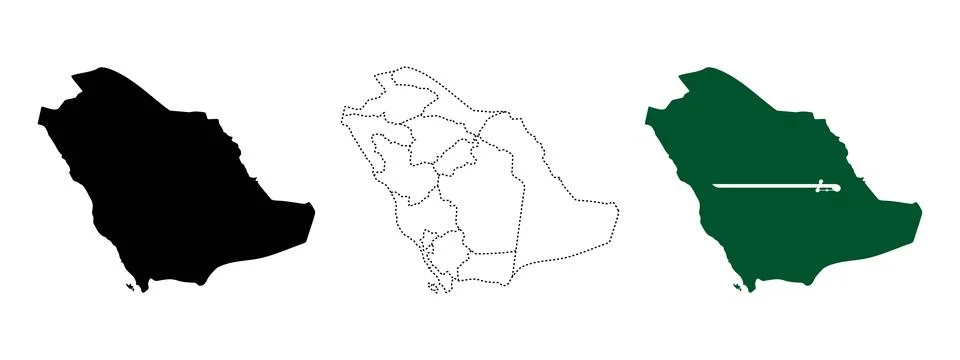 Saudi Arabia flag map. Middle Eastern country map with silhouette, dashed o.. Stock Illustration