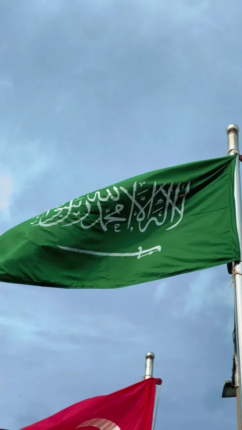 Saudi Arabia Flag Waving on Flagpole Against Clear Blue Sky Stock Footage 343618123