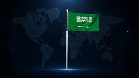 Saudi Arabia flag waving in front of a digital world map. Stock Footage 340414244