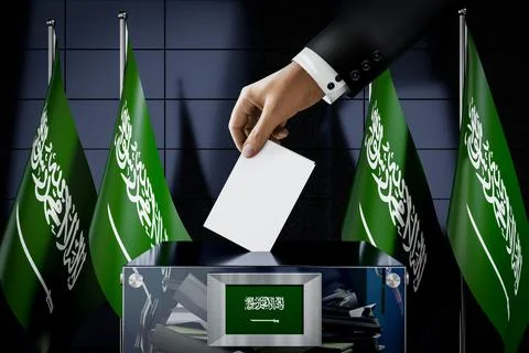 Saudi Arabia flags, hand dropping ballot card into a box Stock Illustration