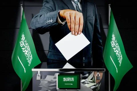Saudi Arabia flags, hand dropping voting card - election concept Stock Illustration