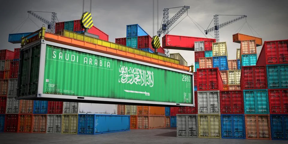 Saudi Arabia - freight container in cargo terminal - 3D illustration Stock Illustration