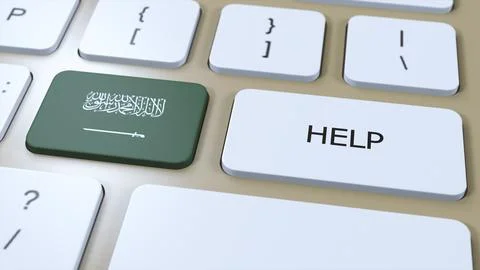 Saudi Arabia Help Concept. 3D Illustration. Country Flag with Text on Button Stock Illustration