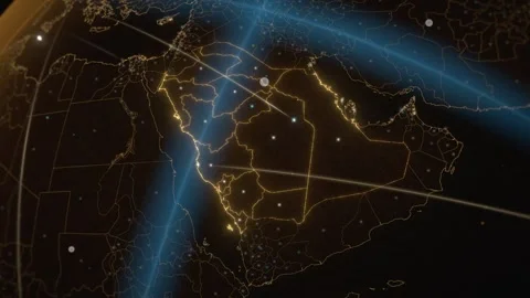 Saudi Arabia Illuminated Network Map From Satellite View With Glowing City Vídeos de archivo 343401691