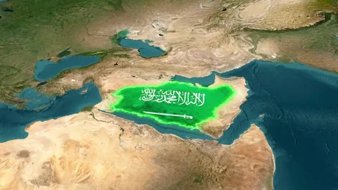 Saudi Arabia Map: 3D Animated Globe with Glowing Border and Waving Flag Marker Stock Footage 340501835
