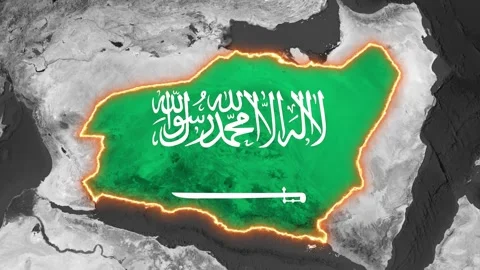Saudi Arabia Map: 3D Animated Globe with Glowing Border and Waving Flag Marker Stock Footage 340501857