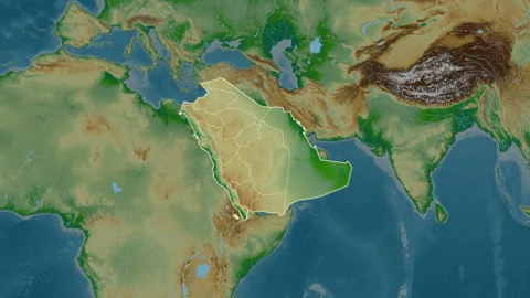 Saudi Arabia map - extract. Regions. Physical. Labels Stock Footage 322892758