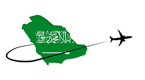 Saudi Arabia map flag with plane silhouette and swoosh 3d illustration Illustrazione stock