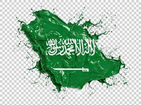 Saudi arabia map flag splash art glossy green paint liquid isolated on tran.. Stock Illustration