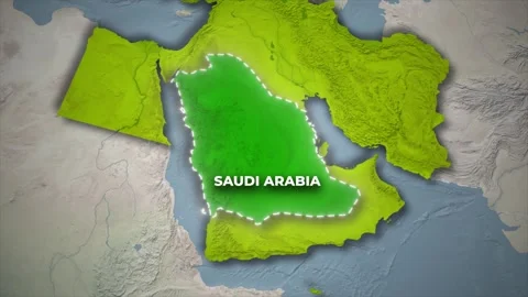 Saudi Arabia Map Highlighted on 3D Topographic Middle East Map Animation Stock Footage 336451324