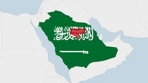 Saudi Arabia map highlighted in Saudi Arabia flag colors and pin of country.. Stock Illustration