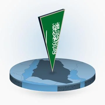Saudi Arabia map in round isometric style with triangular 3D flag of Saudi .. Stock Illustration