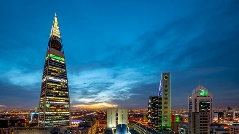 Saudi Arabia Riyadh Time Lapse Sunset Day to Night, Faisaliah Tower, 2030 Vision Stock Footage