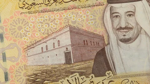 Saudi Arabia riyal banknotes rotating. Saudi Arabian money, currency Stock Footage 105191079