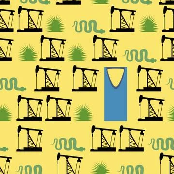 Saudi Arabia seamless pattern. Desert and oil pumps, snakes, and cacti. Kingd Stock Illustration