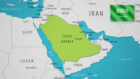 Saudi Arabia on the World Map with Animated National Flag Stock Footage 314233716