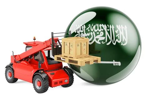 Saudi Arabian flag with telescopic handler truck and parcel. Cargo shipping i Stockillustratie