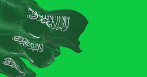 Saudi Arabian flags waving in the wind with national emblem and green field Video stock 305900809