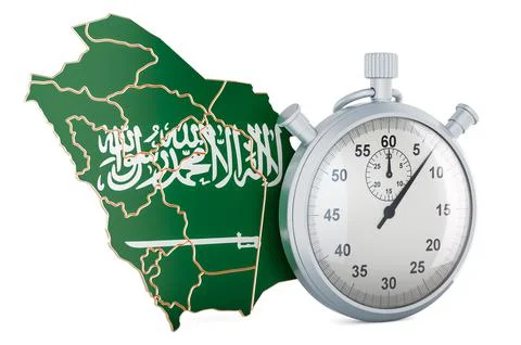 Saudi Arabian map with stopwatch, 3D rendering Stock Illustration