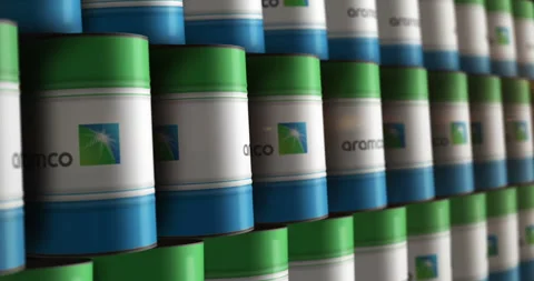 Saudi Aramco Oil Company barrels in row Stock Video Pond5