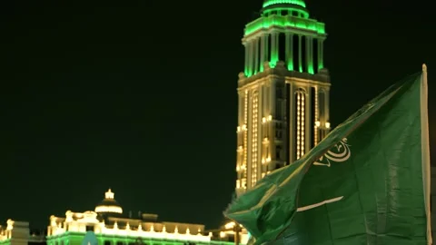 Saudi Flag Waving at Night During National Day Celebration Stock-Footage 309781966