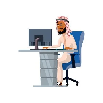 Saudi guy work on computer cartoon vector 스톡 일러스트
