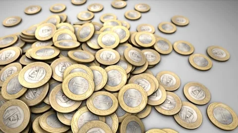 Saudi Riyal Coins falling down on a gray surface Stock Footage 279952711