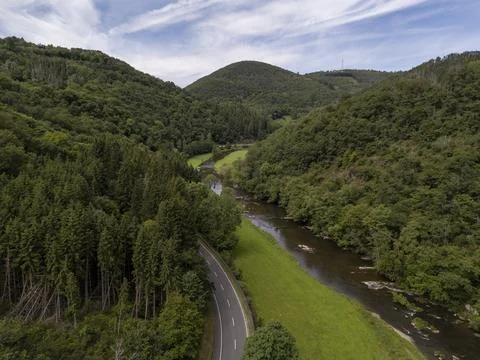 Sauer River Loop in Luxembourg Forest Valley Stock Photos