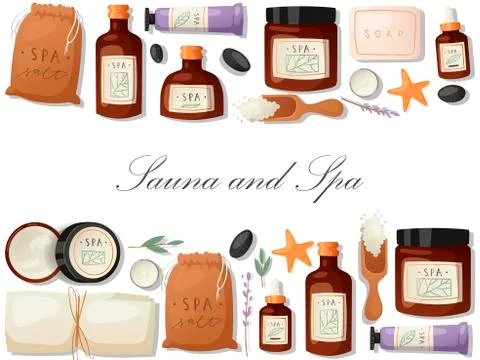 Sauna and spa banner vector illustration. Bath accessories and supplies Stock Illustration