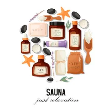 Sauna and spa banner vector illustration. Realistic plastic containers bottles Stock Illustration