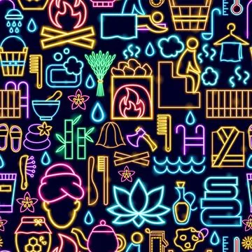 Sauna Bathhouse Seamless Neon Pattern Stock Illustration