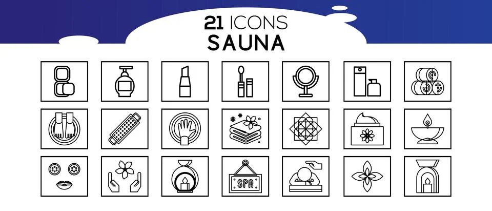 Sauna elements - thin line web icon set.Icons in flat, contour, outline, thin Illustrazione stock
