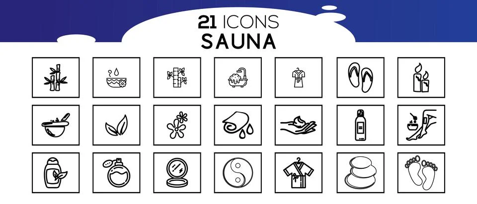 Sauna elements - thin line web icon set.Icons in flat, contour, outline, thin Stock Illustration