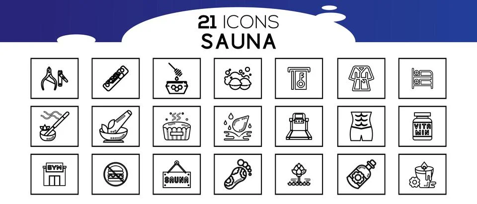 Sauna elements - thin line web icon set.Icons in flat, contour, outline, thin Stock Illustration