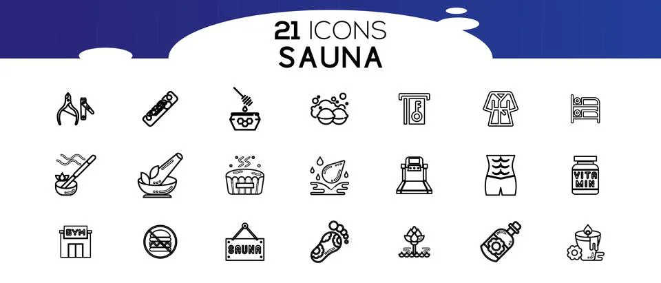 Sauna elements - thin line web icon set.Icons in flat, contour, outline, thin Stock Illustration