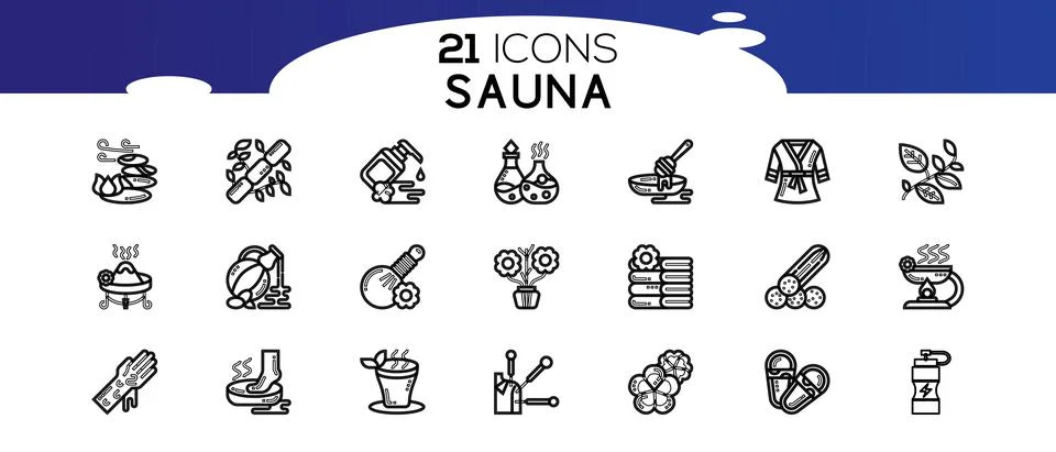 Sauna elements - thin line web icon set.Icons in flat, contour, outline, thin Stock Illustration
