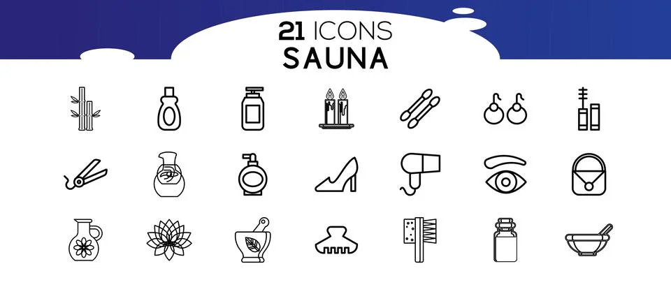 Sauna elements - thin line web icon set.Icons in flat, contour, outline, thin 스톡 일러스트