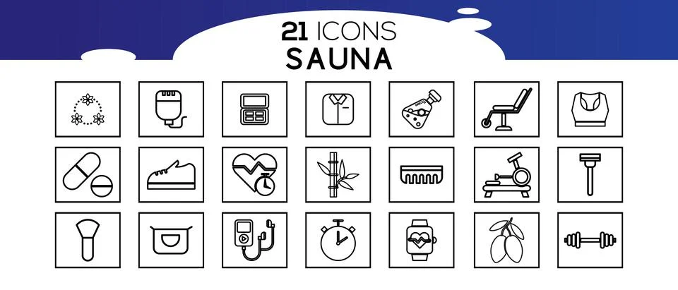 Sauna elements - thin line web icon set.Icons in flat, contour, outline, thin Stock Illustration
